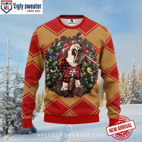 San Francisco 49ers Pug Reindeer Wreath Christmas Sweater