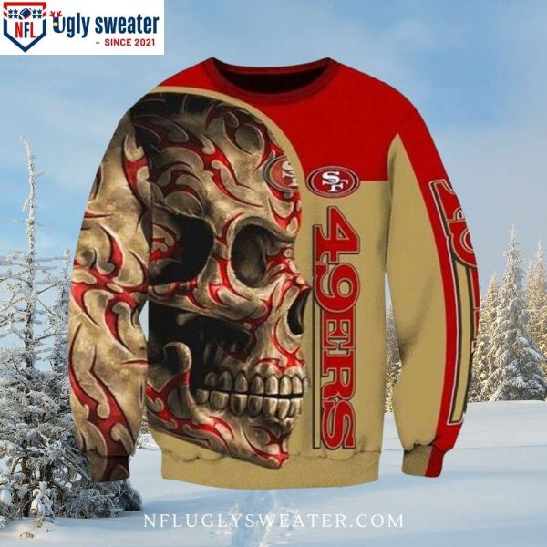 San Francisco 49ers Skull Design Beige And Red Xmas Sweater