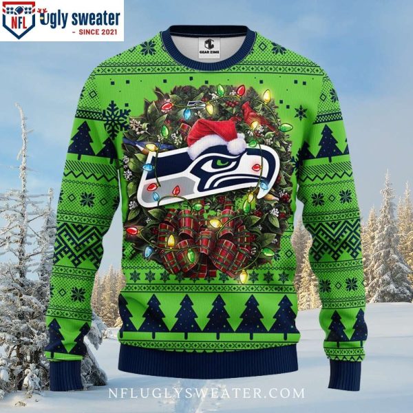 Seattle Seahawks Logo Ugly Christmas Sweater With Laurel Wreath Graphic