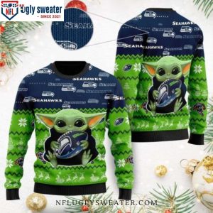 Seattle Seahawks Ugly Christmas Sweater With Baby Yoda Design