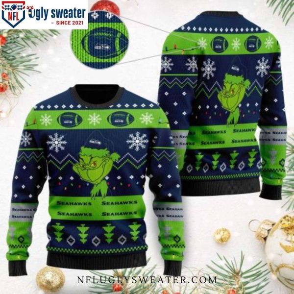 Seattle Seahawks Ugly Christmas Sweater With Cute Grinch Design