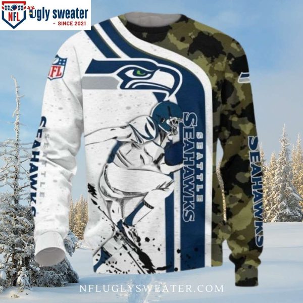 Seattle Seahawks Ugly Christmas Sweater With White Navy Camo Design