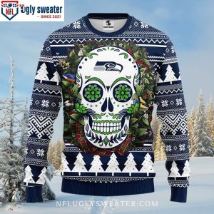 Skull Flower Graphic Seattle Seahawks Ugly Christmas Sweater