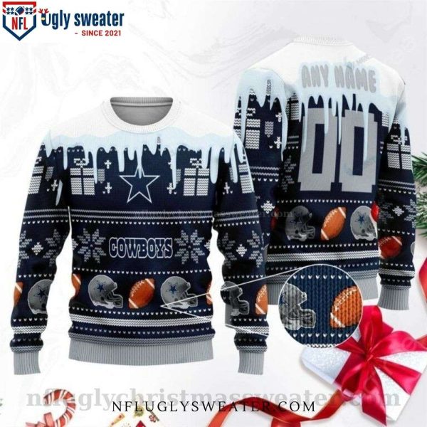 Snowflake And Gift Box Dallas Cowboys Ugly Christmas Sweater for Him – Personalized