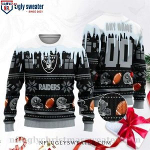 Snowflakes and Footballs Raiders Ugly Christmas Sweater – Custom Name and Numbers