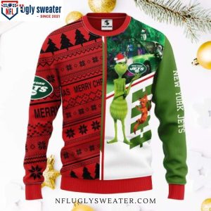 Split Design Grinch And Scooby-Doo Jets Ugly Christmas Sweater – Festive Dual Style