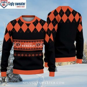 Stylish Bengals Logo And Diamond Pattern Ugly Sweater