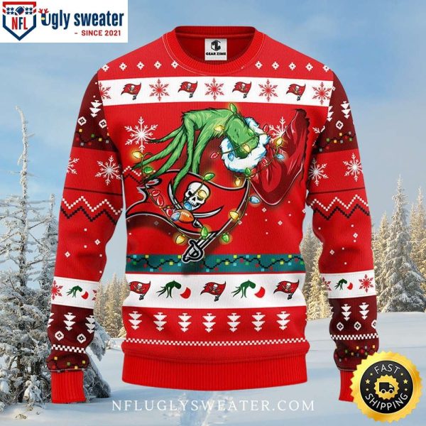 Tampa Bay Buccaneers Grinch Holding Logo Ornament Ugly Xmas Sweater