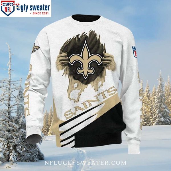 Torn Jersey Reveal – New Orleans Saints Ugly Christmas Sweater