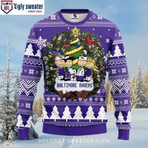 Ugly Christmas Sweater Featuring Ravens And Snoopy Dog Graphic 1