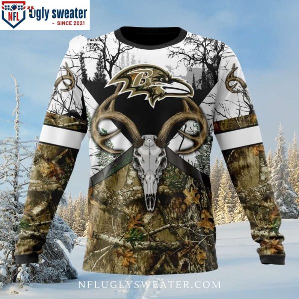 Ugly Christmas Sweater Featuring Ravens Logo – Skull Art And Forest Pattern