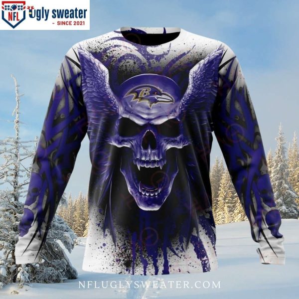 Unique Baltimore Ravens Gifts – Logo And Skull Graphic Ravens Ugly Sweater