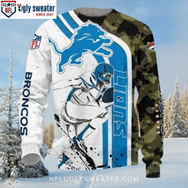 Unique Detroit Lions Gifts – Ugly Christmas Sweater In White Blue Camo