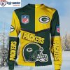 Vibrant Yellow Skull Graphic On Green Bay Packers Ugly Christmas Sweater