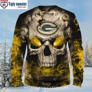 Vibrant Yellow Skull Graphic On Green Bay Packers Ugly Christmas Sweater