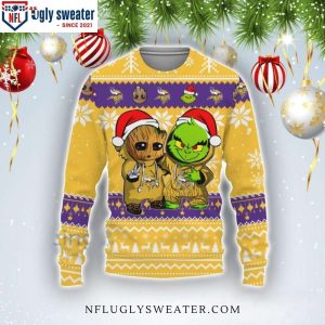 Vikings Christmas Sweater – Baby Groot And Grinch Design – Festive Logo