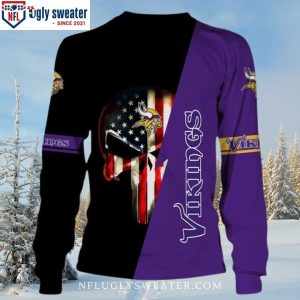 Vikings Christmas Sweater – Logo Print With Skull And American Flag Pattern