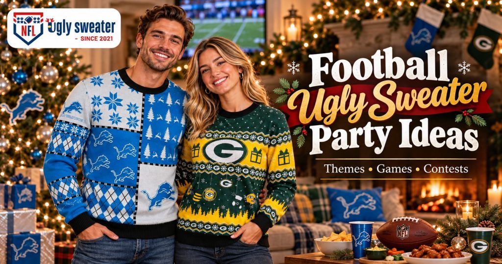 Man in Detroit Lions and woman in Green Bay Packers ugly Christmas sweaters at a festive football-themed holiday party