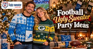 Man in Detroit Lions and woman in Green Bay Packers ugly Christmas sweaters at a festive football-themed holiday party