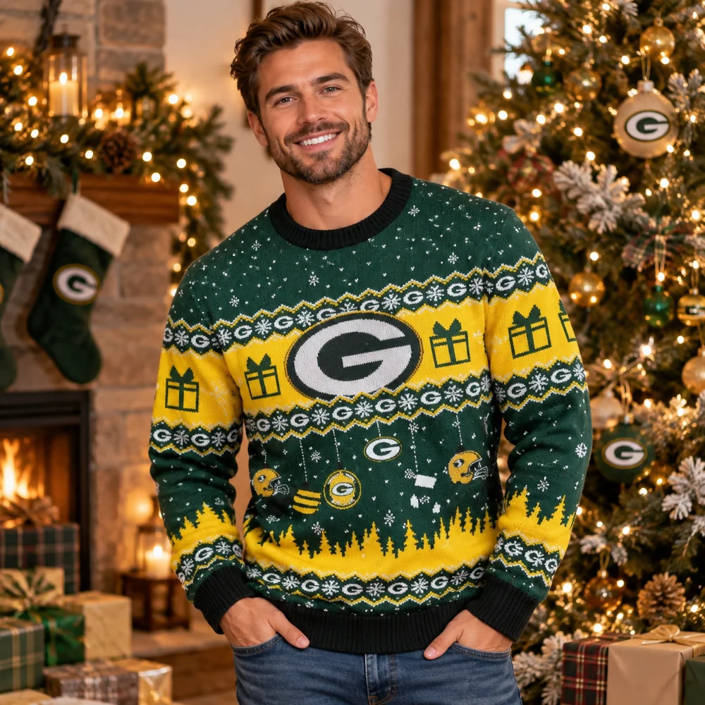 Man in a green and gold Green Bay Packers ugly Christmas sweater with a G logo and gift boxes beside a Christmas tree