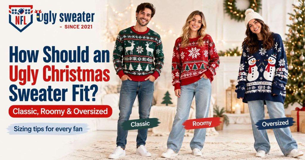 Three models wearing classic, roomy, and oversized Christmas sweaters, illustrating how an ugly Christmas sweater should fit