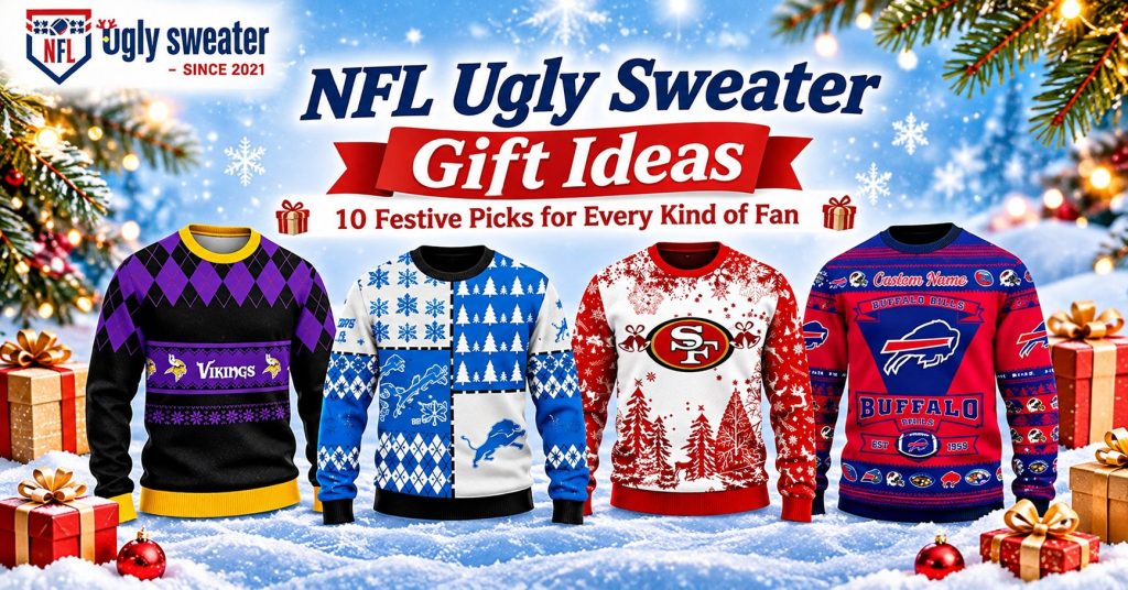 Four NFL ugly Christmas sweaters featuring the Vikings, Lions, 49ers and Bills in a festive holiday gift guide.